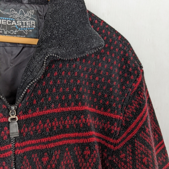VINTAGE Forecaster Sport black red diamond fair isle cozy fleece teddy jacket - Picture 10 of 12